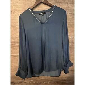 Catherine Malandrino Women’s Blouse Top Sz M Silver Blue V Neck Long Sleeves